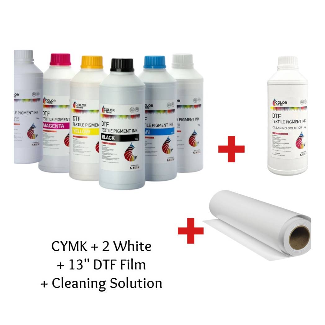 DTF STATION Color Prime DTF Ink Bundle for Prestige DTF Printers – Includes Cyan, Yellow, Magenta, and Black (C/M/Y/K) + 2 White Inks, DTF Cleaning Solution, and 13-inch DTF Transfer Film.