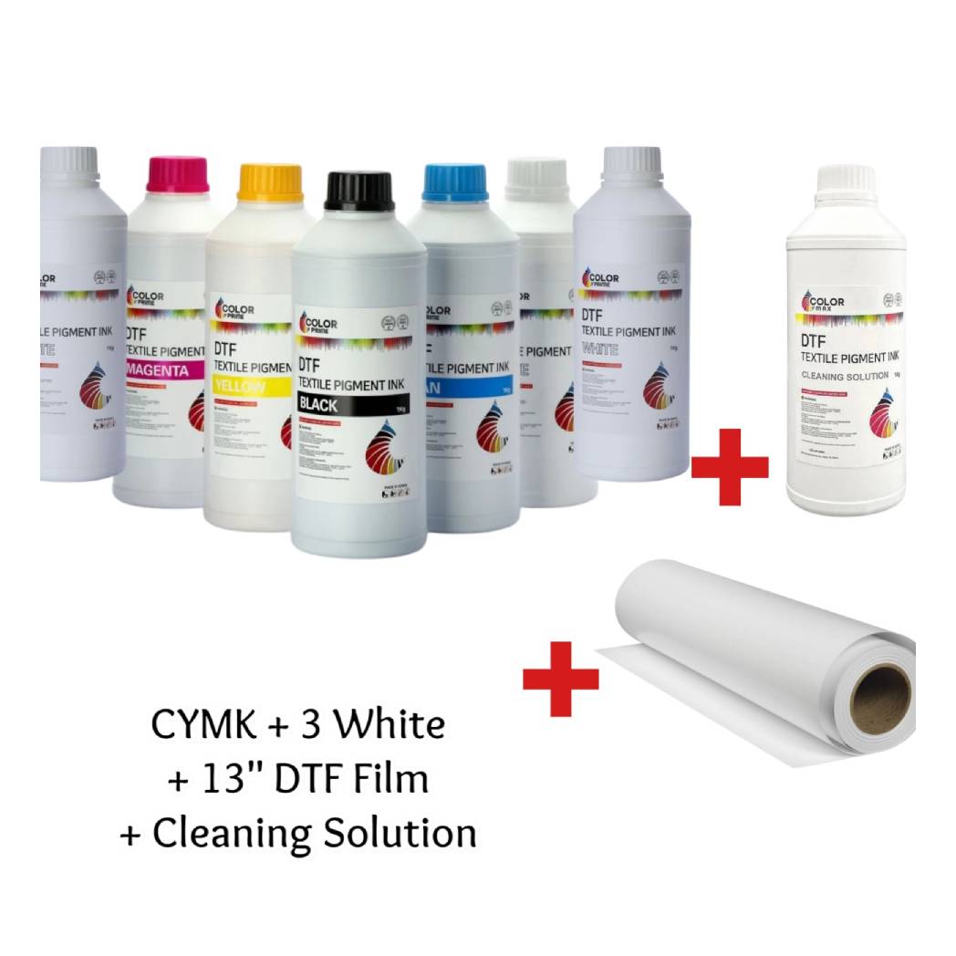 DTF STATION Color Prime DTF Ink Bundle for Prestige DTF Printers – Includes Cyan, Yellow, Magenta, and Black (C/M/Y/K) inks, plus 3 White inks, 13-inch DTF Transfer Film, and DTF Cleaning Solution.