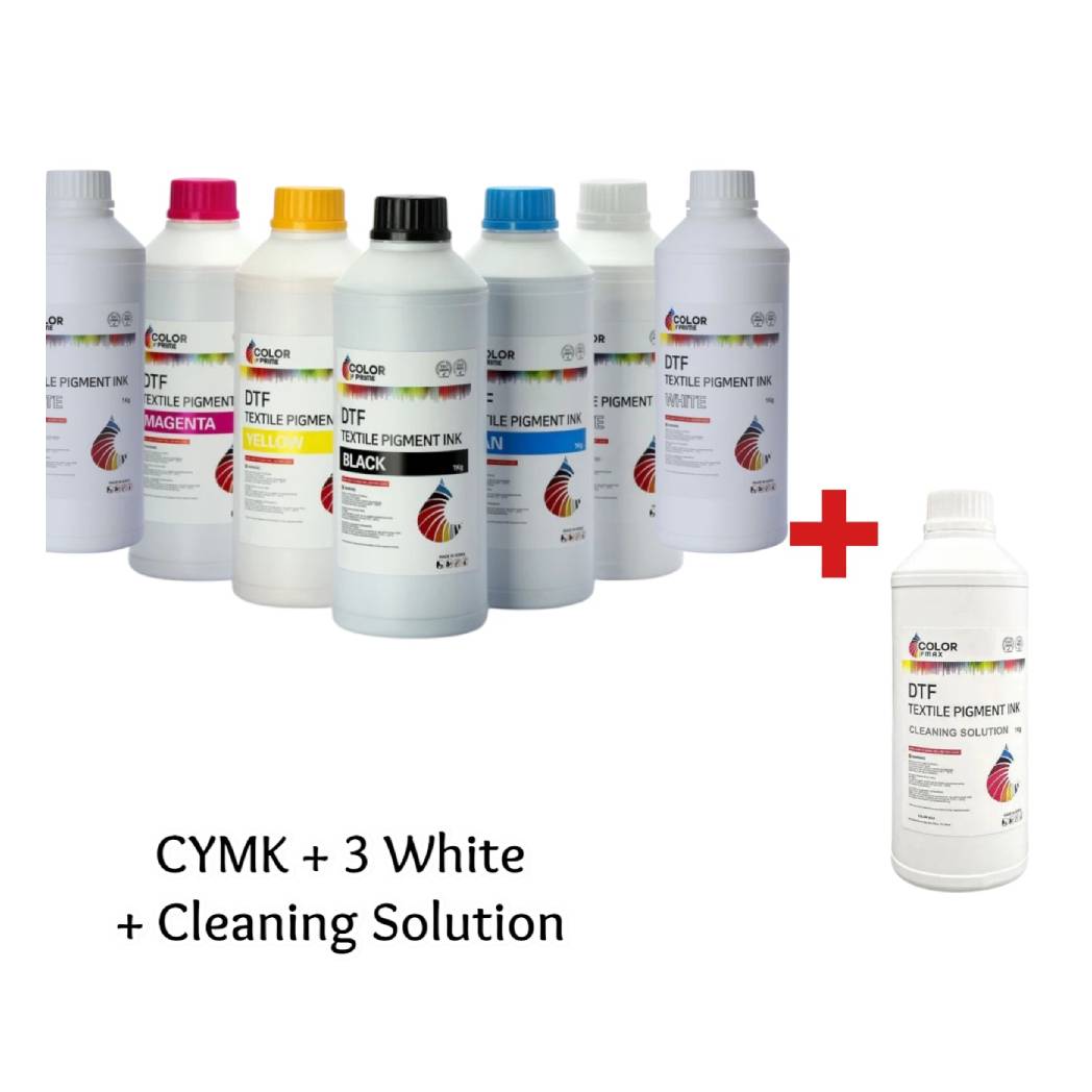 DTF STATION Color Prime DTF Ink Bundle for Prestige DTF Printers β Includes Cyan, Yellow, Magenta, and Black (C/M/Y/K), plus 3 Bottles of White Ink and DTF Cleaning Solution.