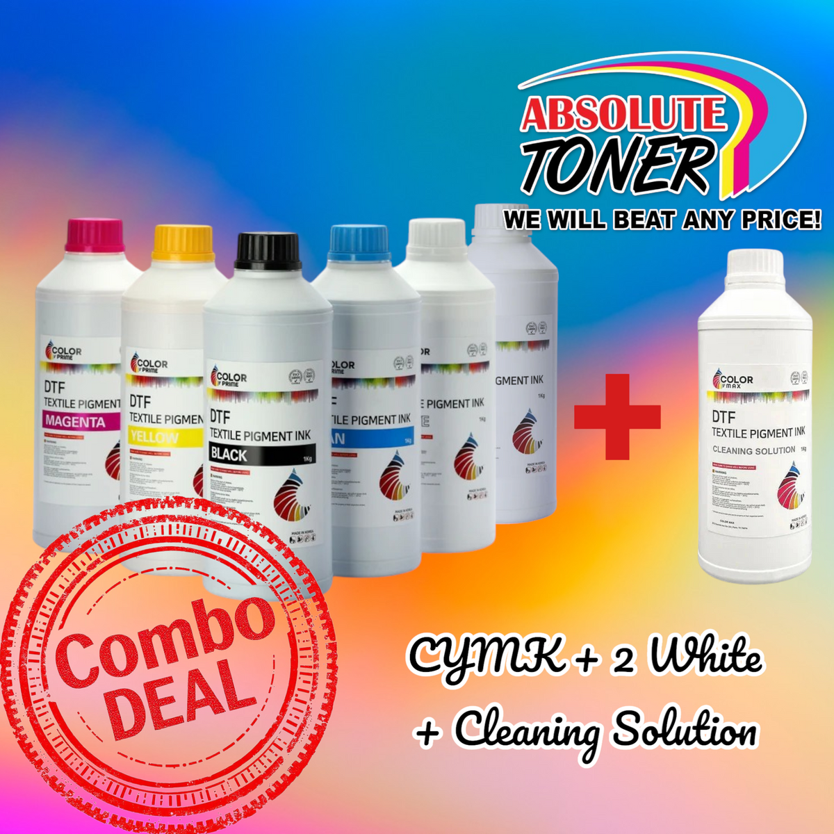DTF STATION Color Prime DTF Ink Bundle for Prestige Printers – Cyan, Yellow, Magenta, Black, 2 White & Cleaning Solution Price: $674 | Origina