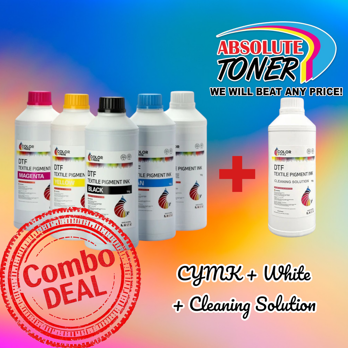 $535 DTF STATION Color Prime DTF Ink Kit for Prestige Printers – Cyan, Yellow, Magenta, Black, White & Cleaning Solution
