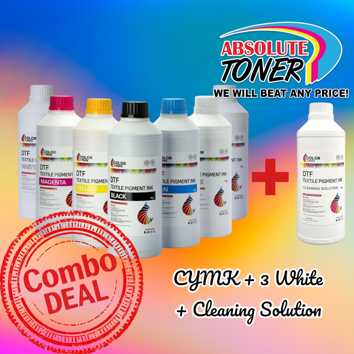 DTF STATION Color Prime DTF Ink Bundle for Prestige Printers – Cyan, Yellow, Magenta, Black, 3 White Bottles & Cleaning Solution