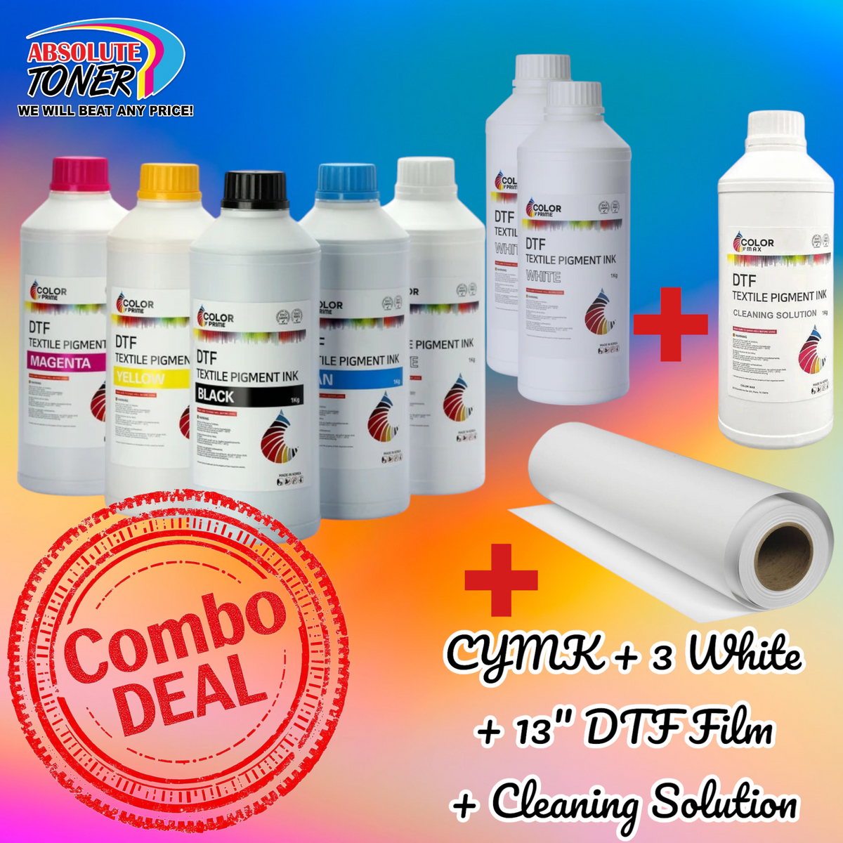 DTF STATION Color Prime DTF Ink Bundle for Prestige Printers – Cyan, Yellow, Magenta, Black, White, 13" DTF Transfer Film & Cleaning Solution