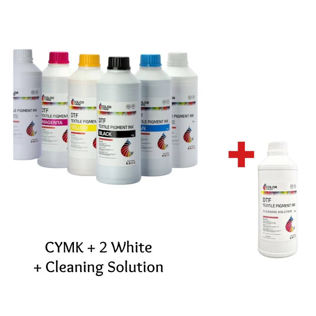 DTF STATION Color Prime DTF Ink Bundle Includes Cyan, Magenta, Yellow, Black (C/M/Y/K), 2 White Inks & DTF Cleaning Solution