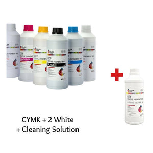 DTF STATION Color Prime DTF Ink Bundle Includes Cyan, Magenta, Yellow, Black (C/M/Y/K), 2 White Inks & DTF Cleaning Solution